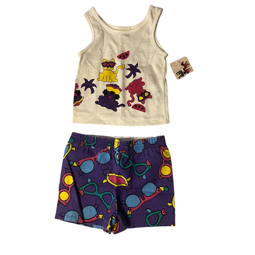 Vintage Kids Tank Top and Shorts Set Neon Sunglasses Cats Graphic Surf *REAS